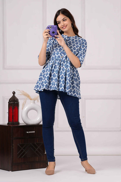 Pure Cotton Printed Blue Peplum Top