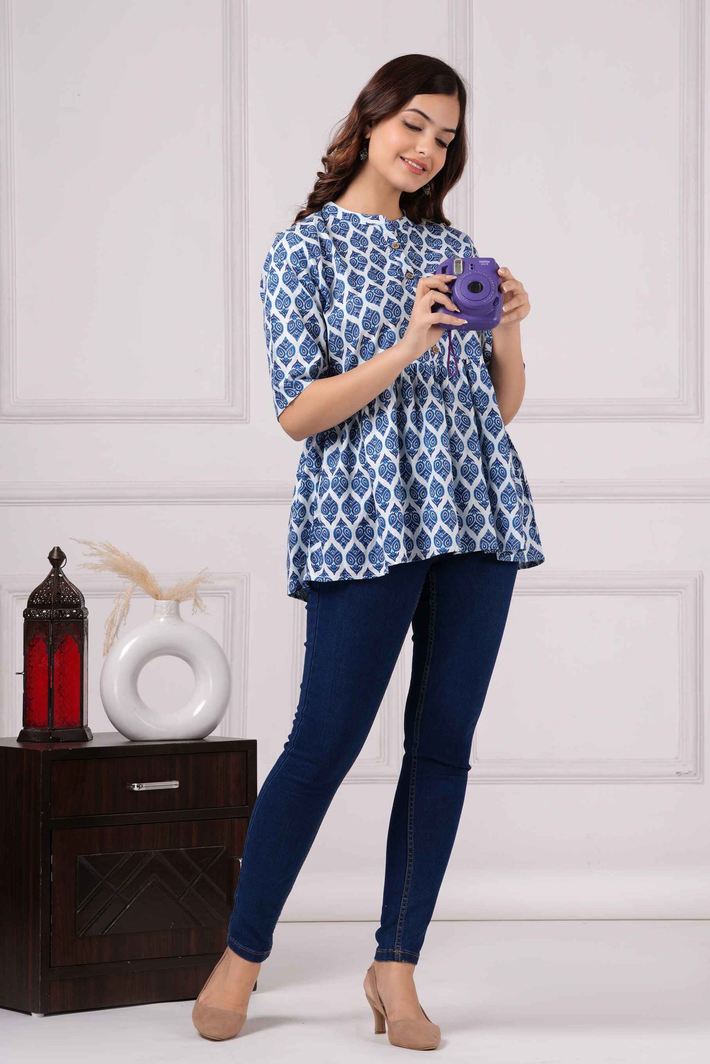 Pure Cotton Printed Blue Peplum Top