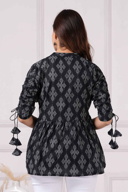 Pure Cotton Printed Black Peplum Top