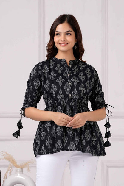 Pure Cotton Printed Black Peplum Top