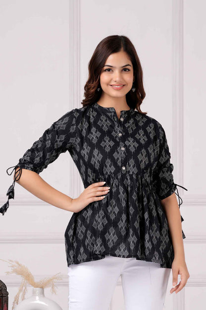 Pure Cotton Printed Black Peplum Top