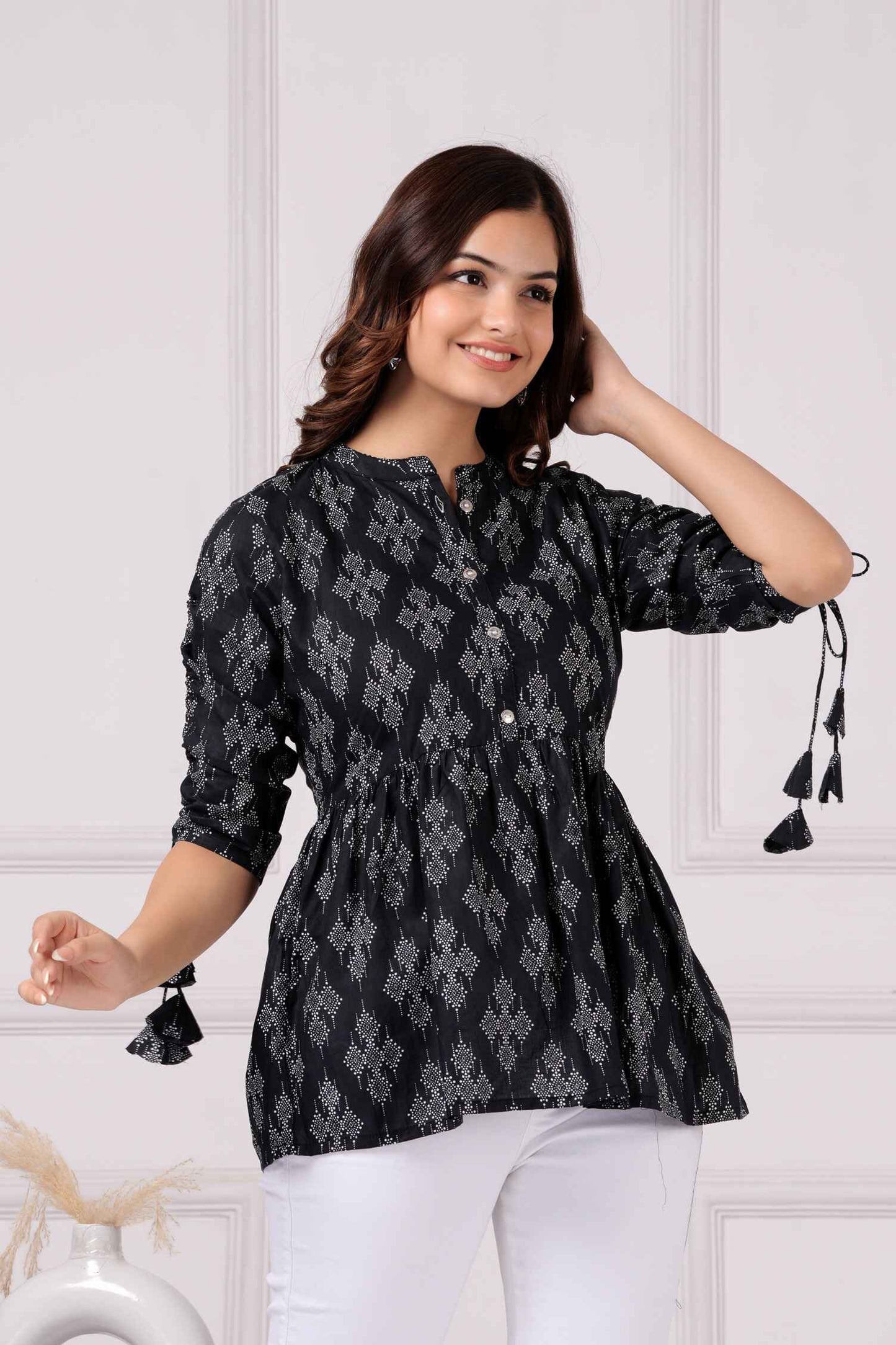 Pure Cotton Printed Black Peplum Top