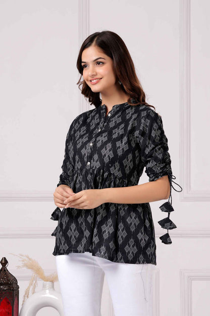 Pure Cotton Printed Black Peplum Top