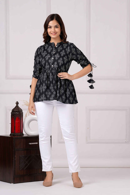 Pure Cotton Printed Black Peplum Top