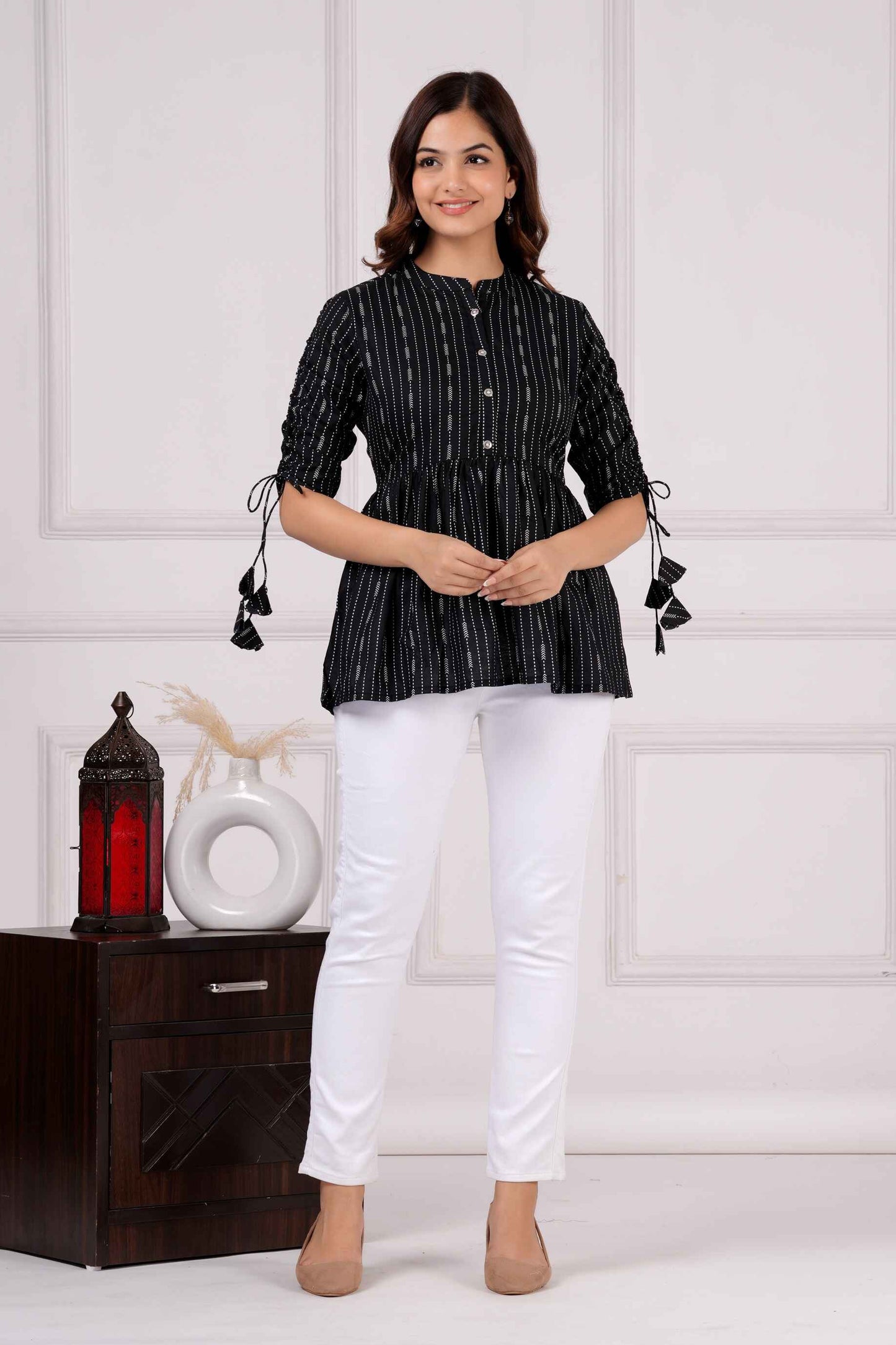 Pure Cotton Mandarin Neck Black Peplum Top