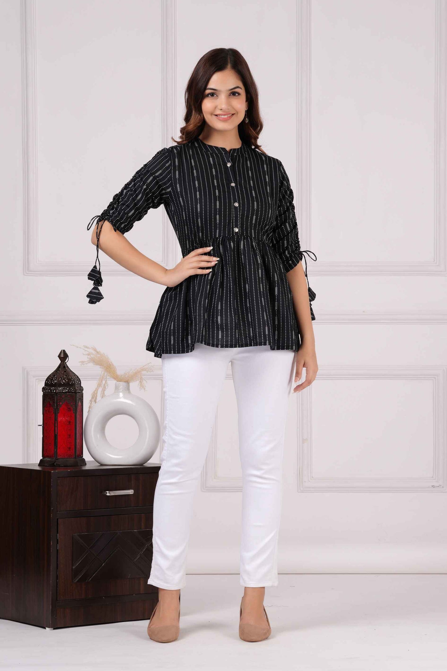 Pure Cotton Mandarin Neck Black Peplum Top