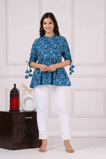 Pure Cotton Printed Royal Blue Peplum Top