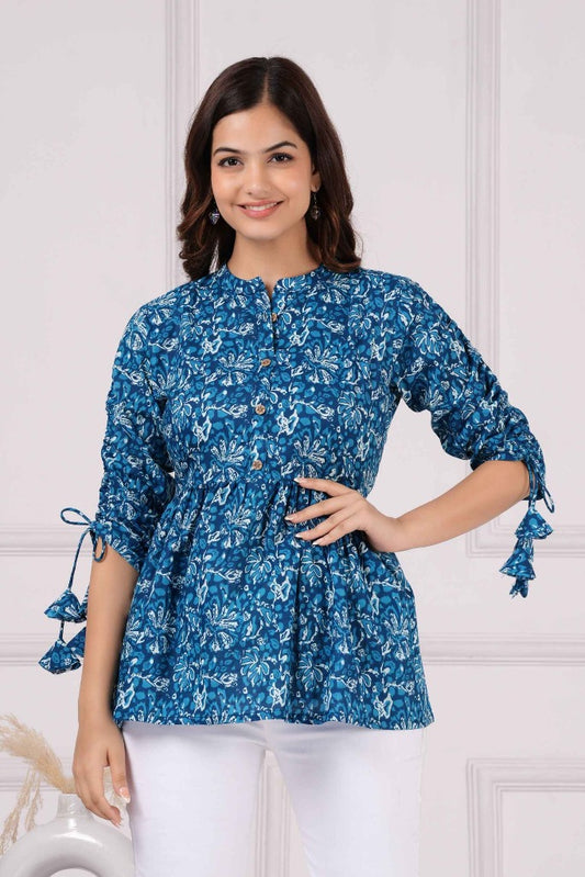 Pure Cotton Printed Royal Blue Peplum Top