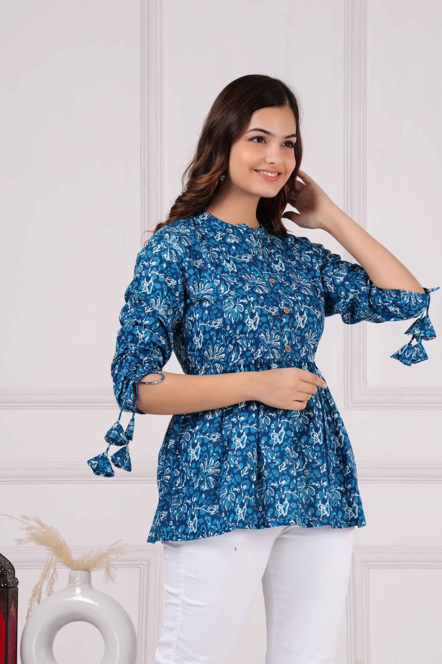 Pure Cotton Printed Royal Blue Peplum Top