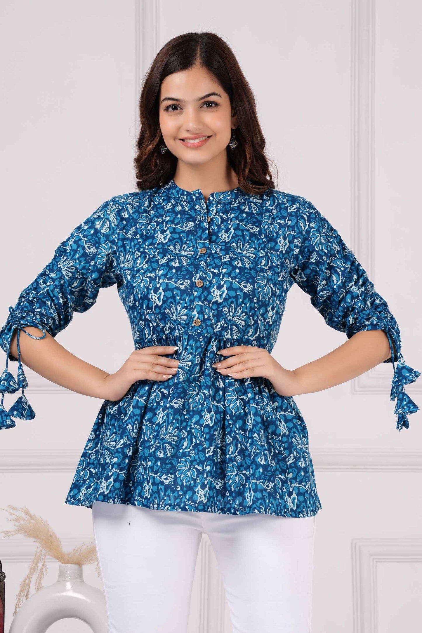 Pure Cotton Printed Royal Blue Peplum Top