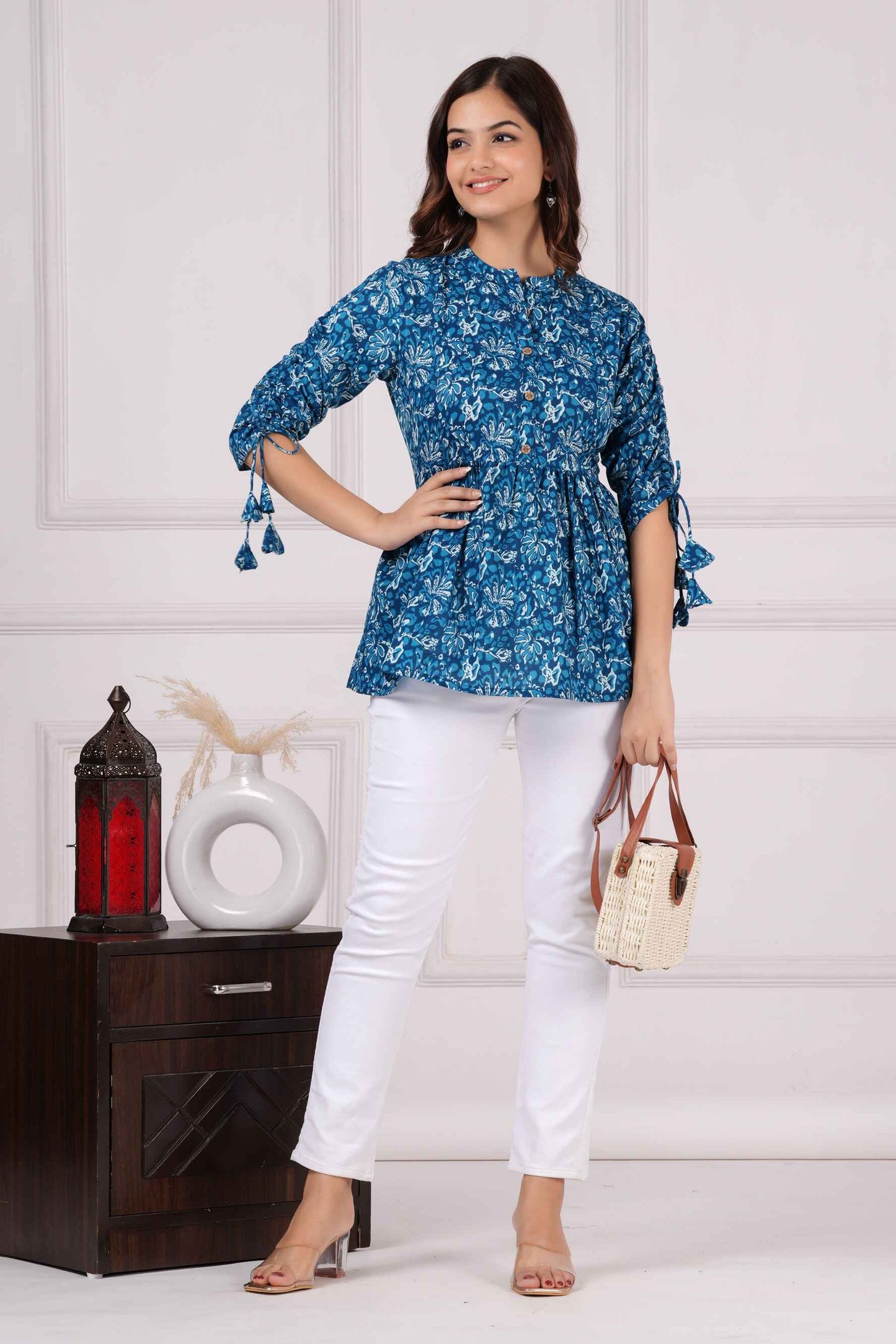 Pure Cotton Printed Royal Blue Peplum Top