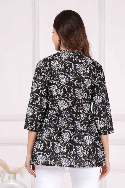 Pure Cotton Printed Black Peplum Top