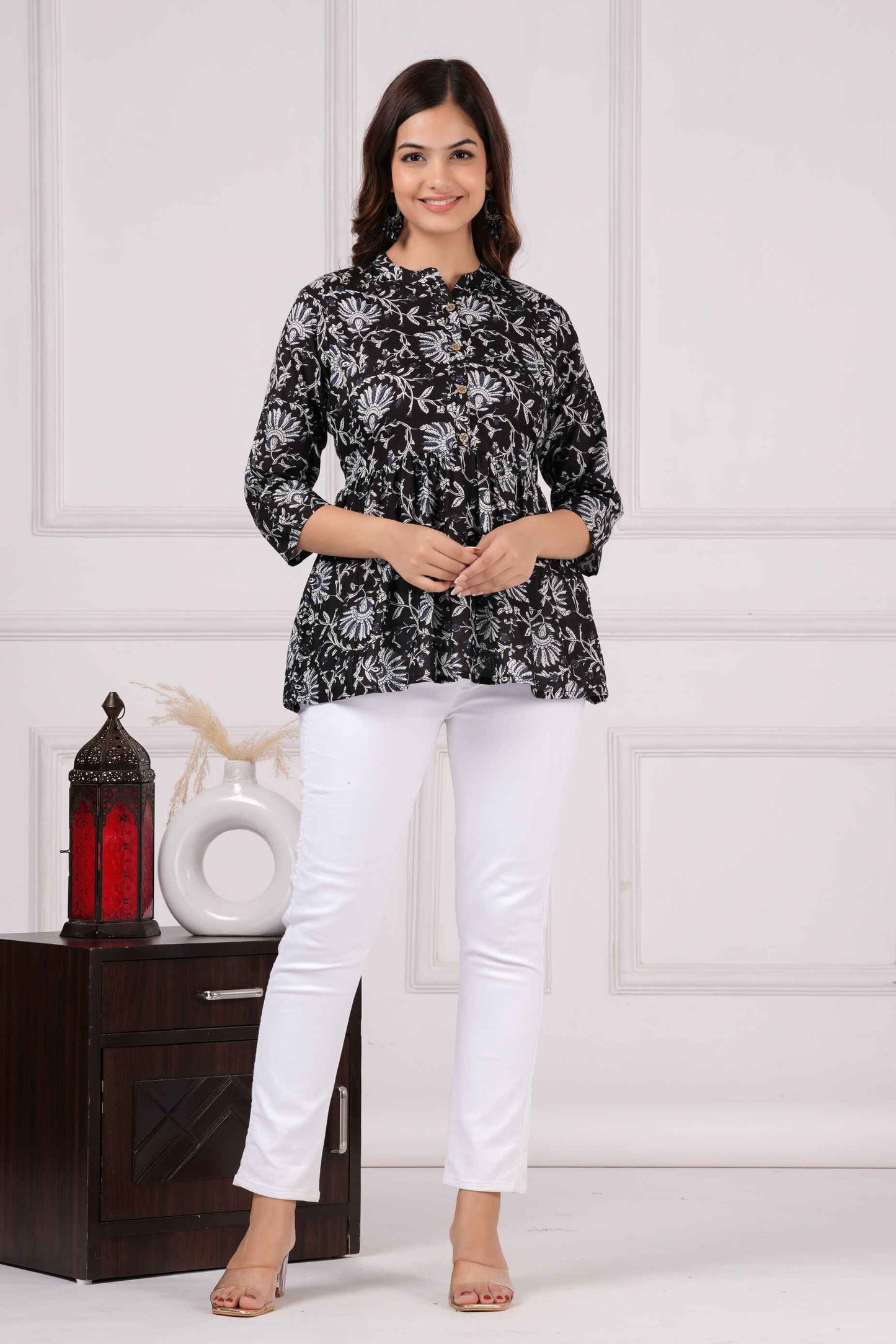 Pure Cotton Printed Black Peplum Top