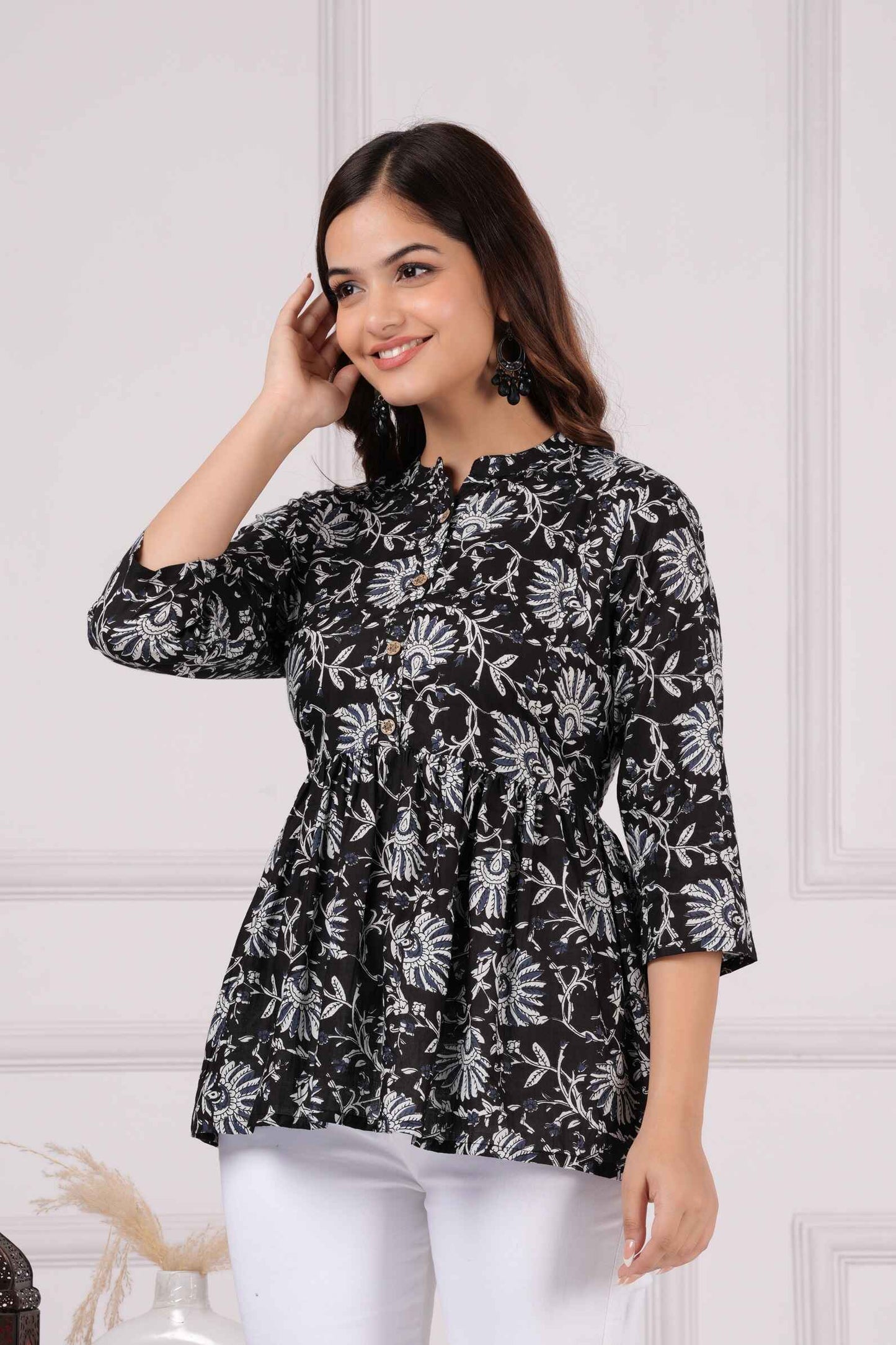 Pure Cotton Printed Black Peplum Top