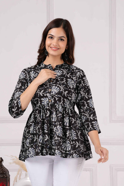 Pure Cotton Printed Black Peplum Top