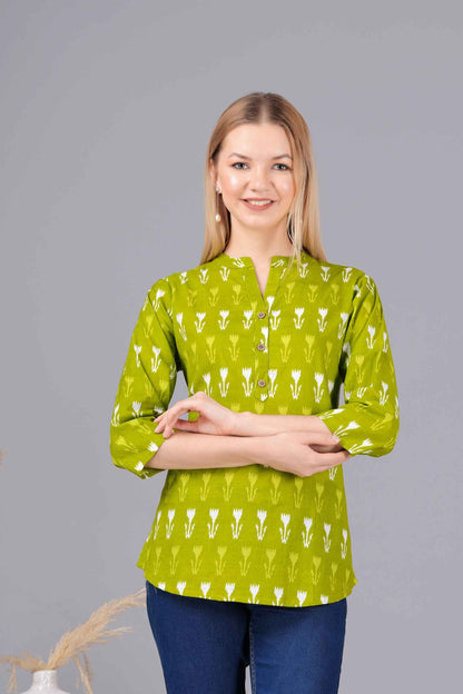 Ethnic Cotton Palomar Green Straight Top