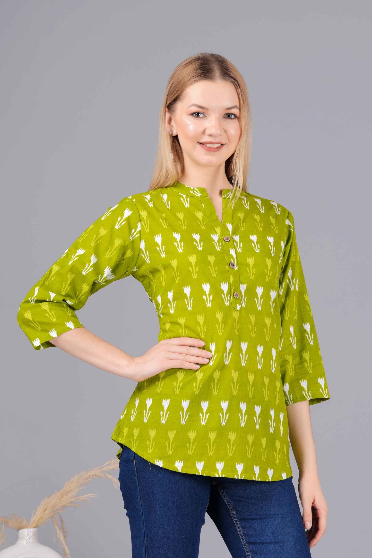 Ethnic Cotton Palomar Green Straight Top