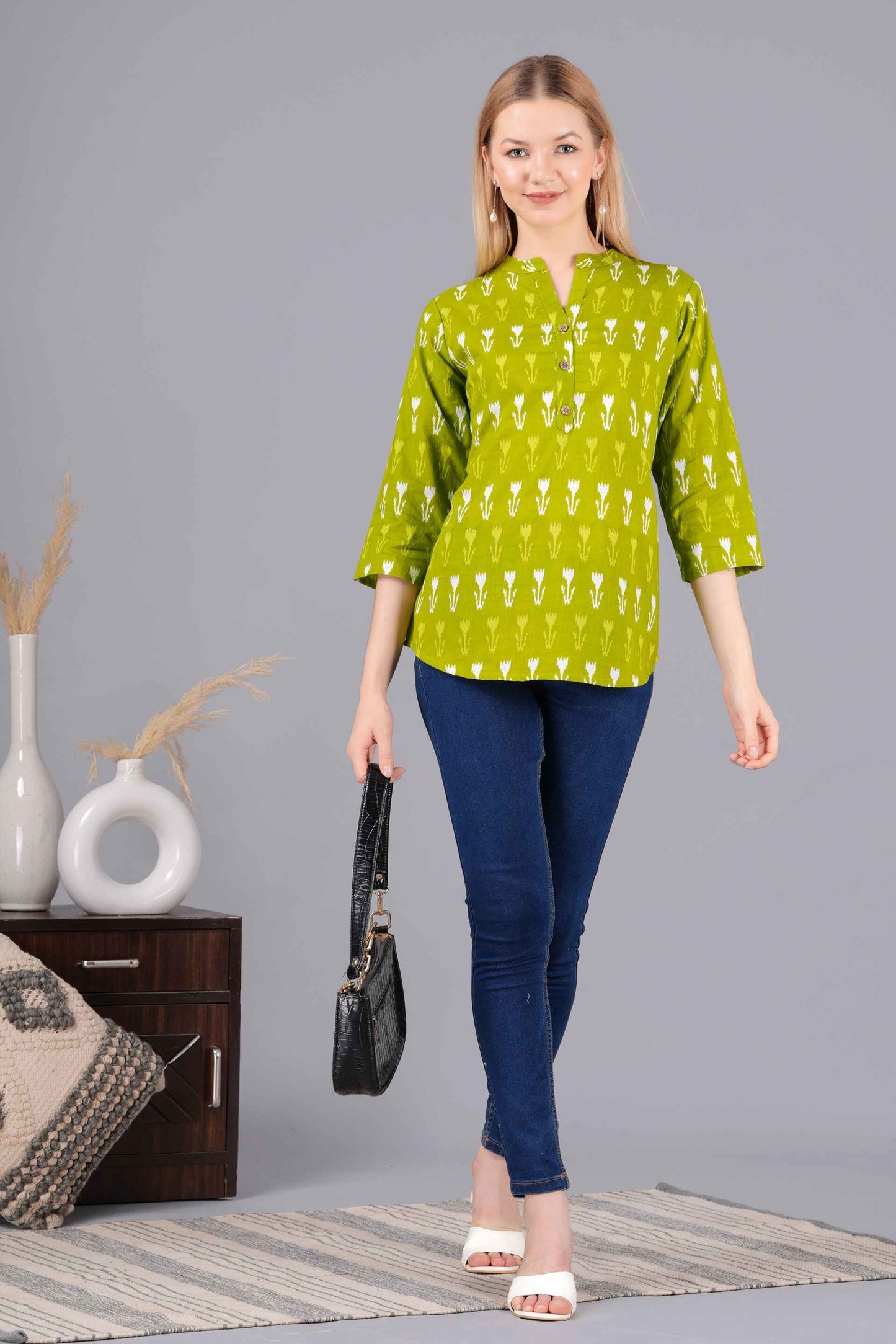 Ethnic Cotton Palomar Green Straight Top