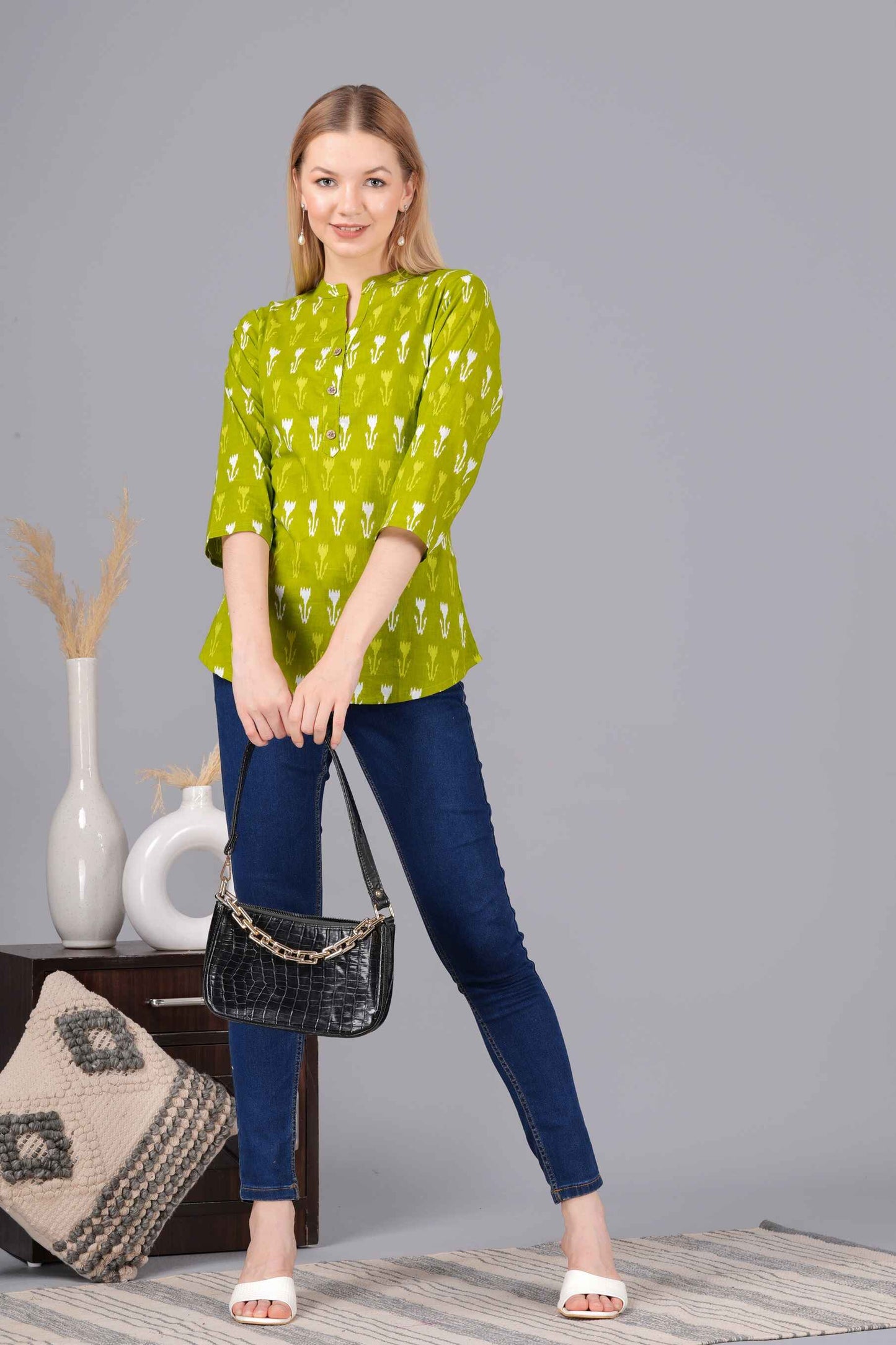 Ethnic Cotton Palomar Green Straight Top