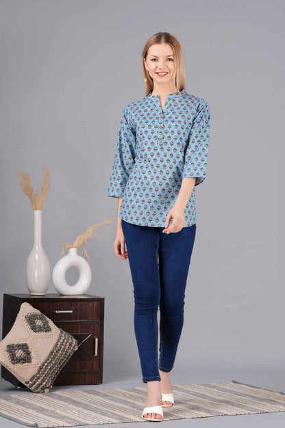 Ethnic Floral Printed Grey Straight Top