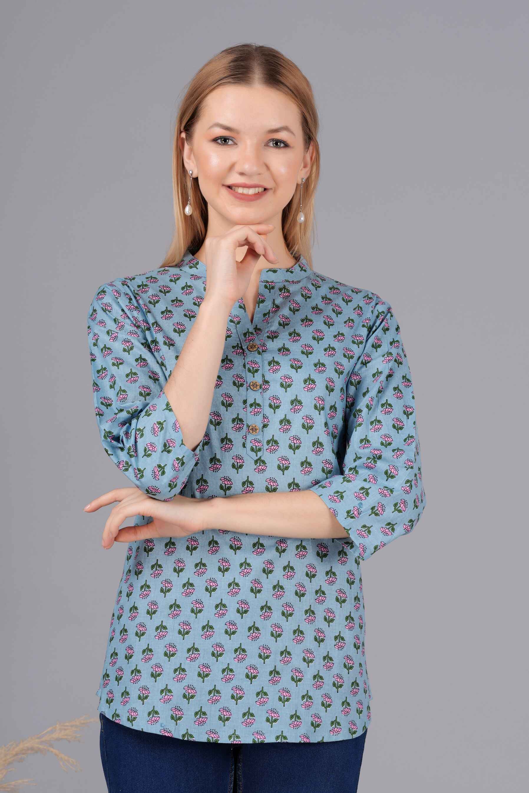 Ethnic Floral Printed Grey Straight Top