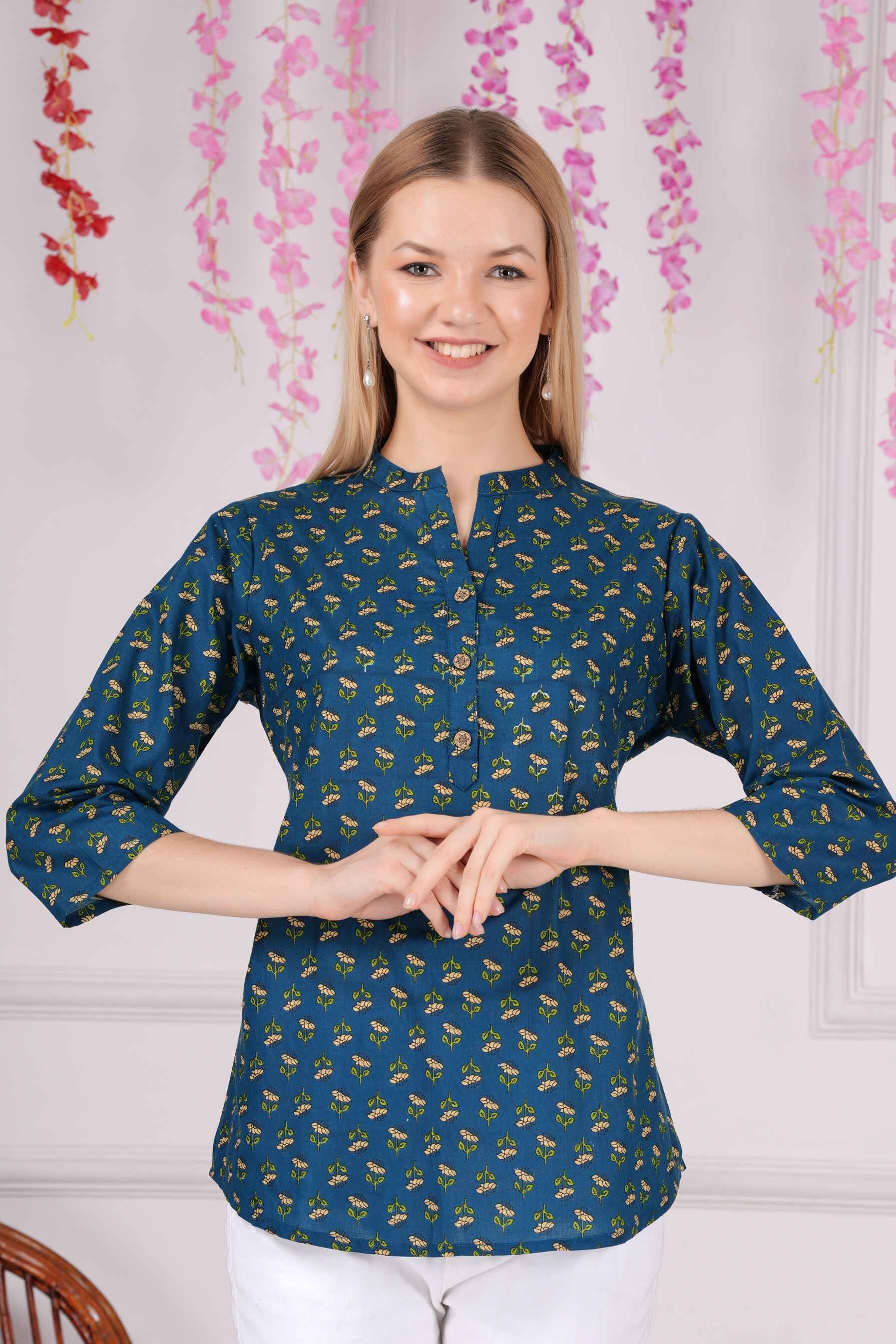 Ethnic Cotton Blue Straight Top