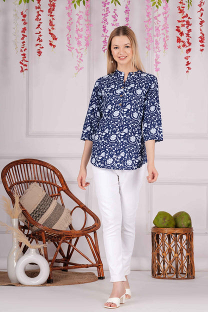 Ethnic Cotton Printed Pattern Blue Straight Top