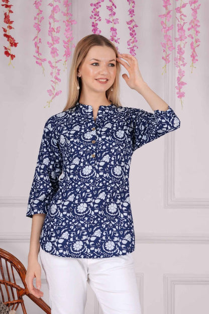 Ethnic Cotton Printed Pattern Blue Straight Top