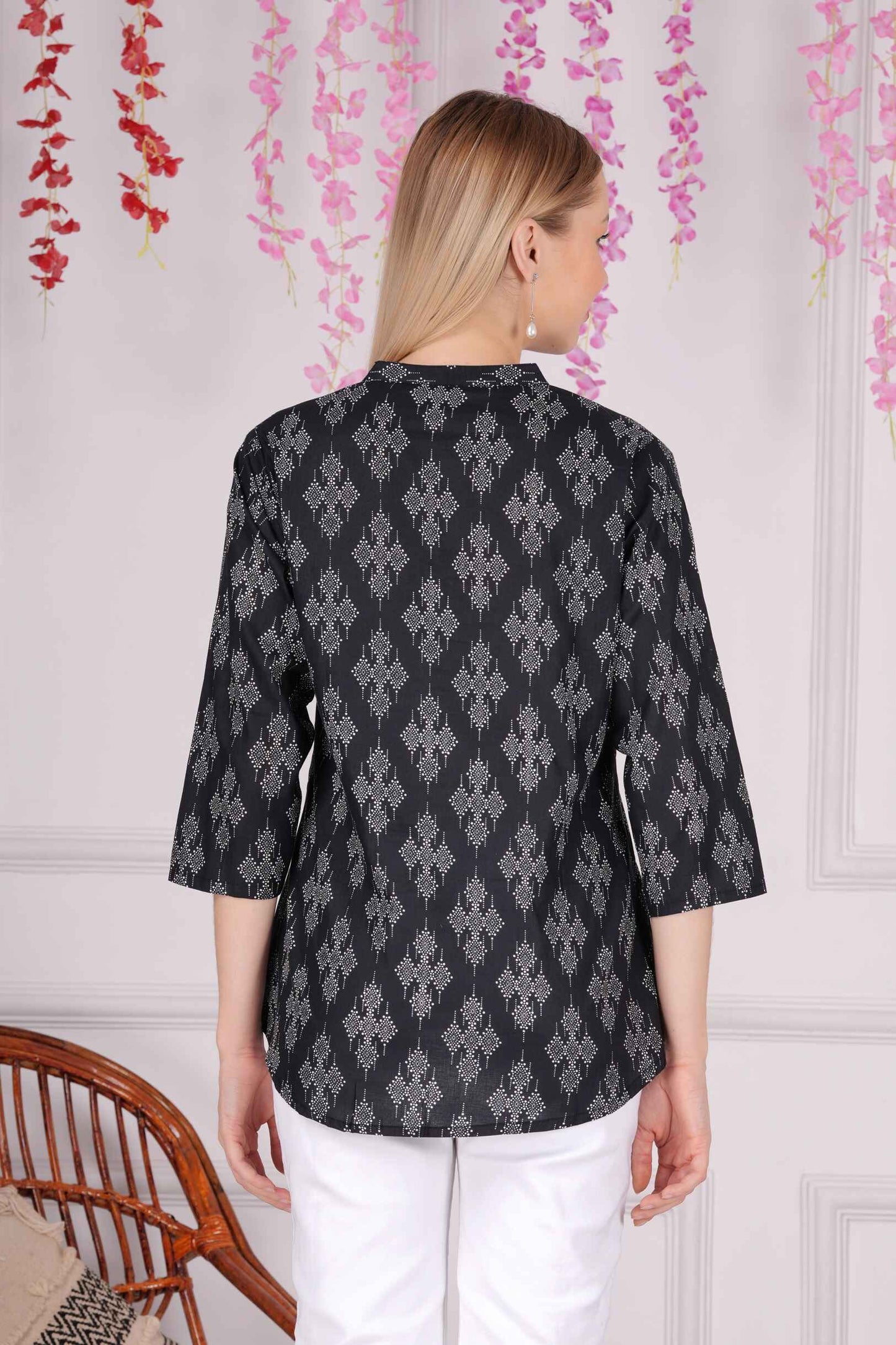 Ethnic Cotton Printed Pattern Black Straight Top