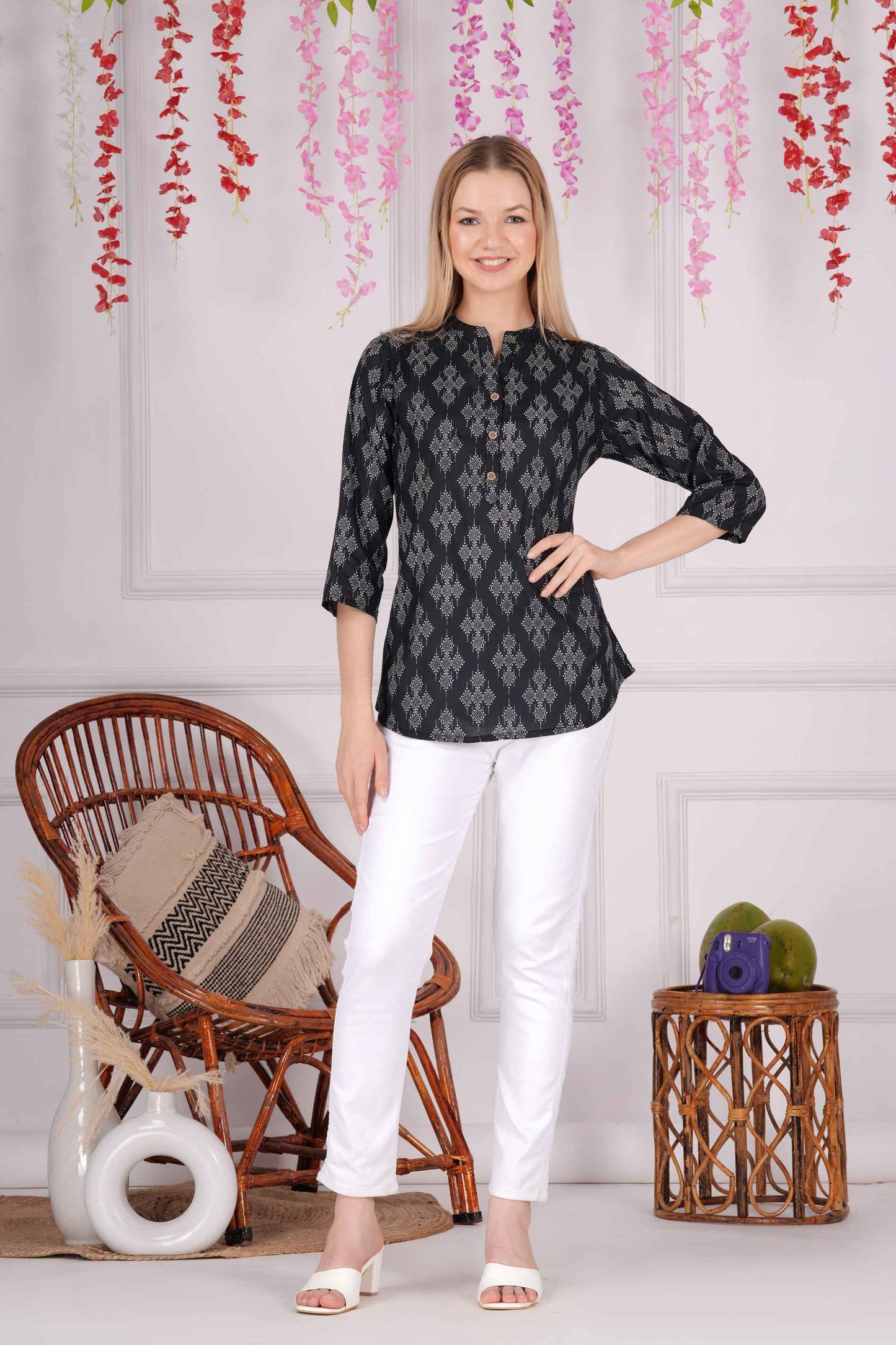 Ethnic Cotton Printed Pattern Black Straight Top