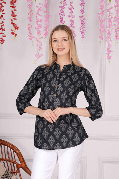 Ethnic Cotton Printed Pattern Black Straight Top