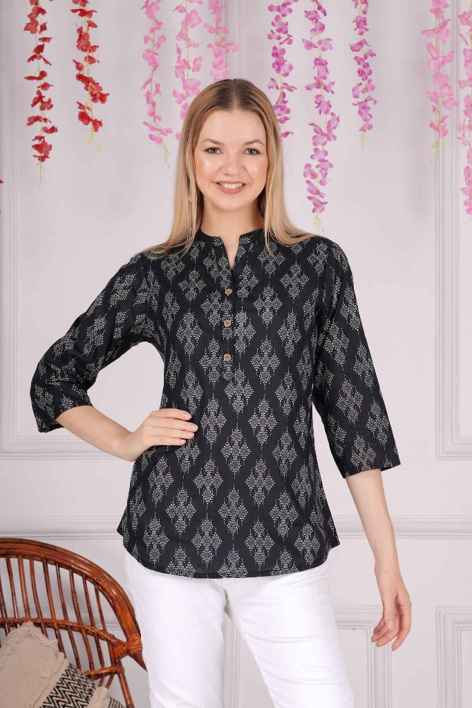 Ethnic Cotton Printed Pattern Black Straight Top