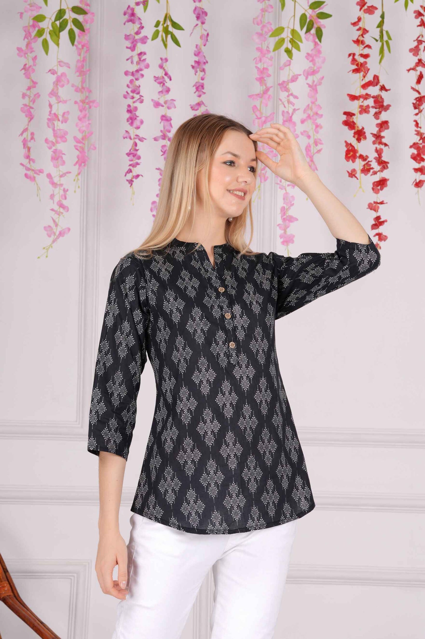 Ethnic Cotton Printed Pattern Black Straight Top