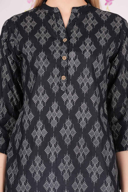 Ethnic Cotton Printed Pattern Black Straight Top