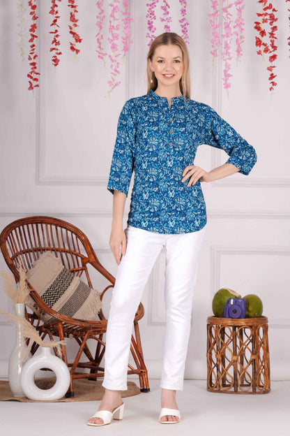 Ethnic Cotton Royal Blue Straight Top