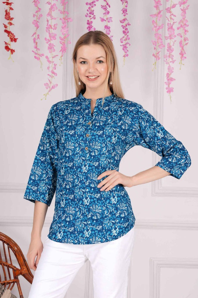 Ethnic Cotton Royal Blue Straight Top