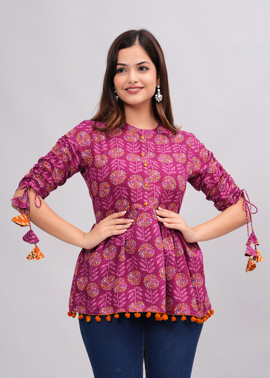 Women's Cotton Printed Purple Casual Regular Wear Tops with Tasseles