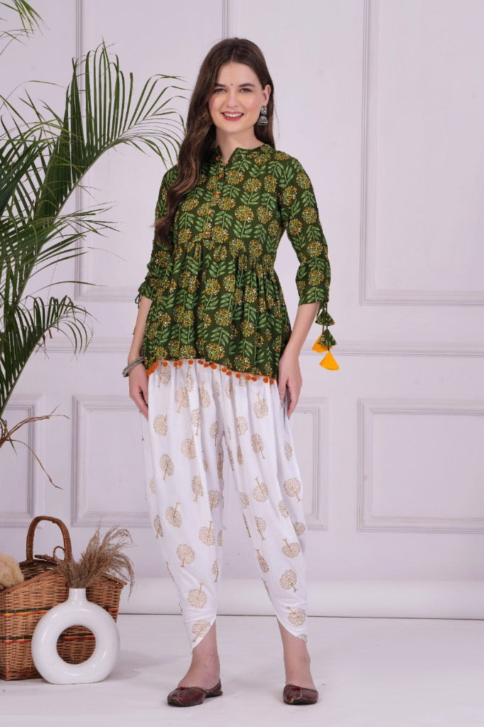 Green Mandarin Coller Womens Ethnic Kurta and Dhoti Pant Set