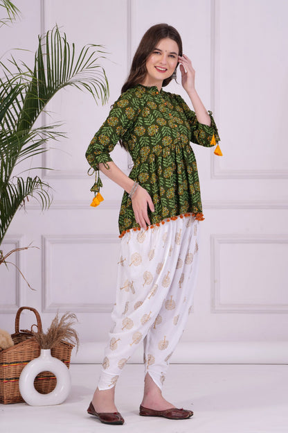 Green Mandarin Coller Womens Ethnic Kurta and Dhoti Pant Set