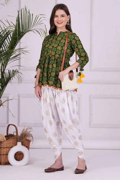 Green Mandarin Coller Womens Ethnic Kurta and Dhoti Pant Set