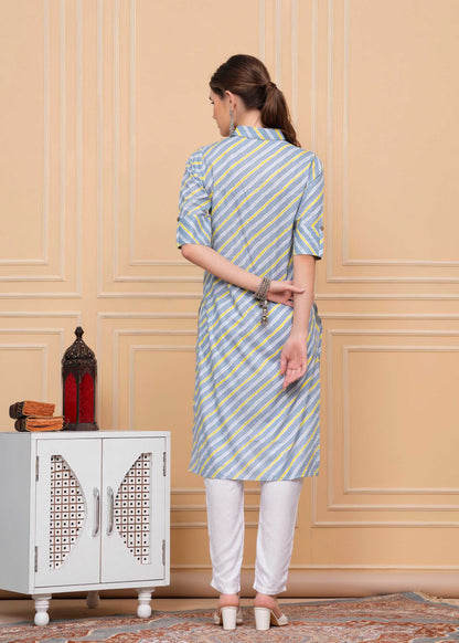 Pure Cotton Strip Grey Calf-Length Collar Kurti