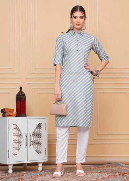 Pure Cotton Strip Grey Calf-Length Collar Kurti