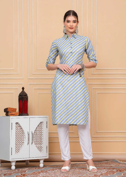 Pure Cotton Strip Grey Calf-Length Collar Kurti