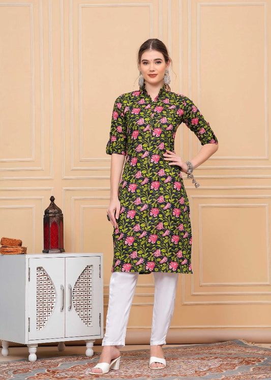 Pure Cotton Floral Printed Black Calf-Length Collar Kurti