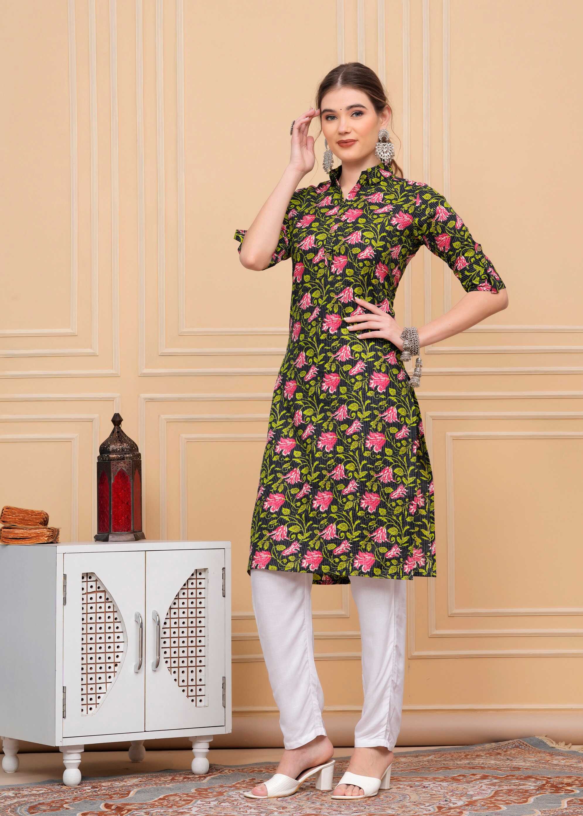 Pure Cotton Floral Printed Black Calf Length Collar Kurti