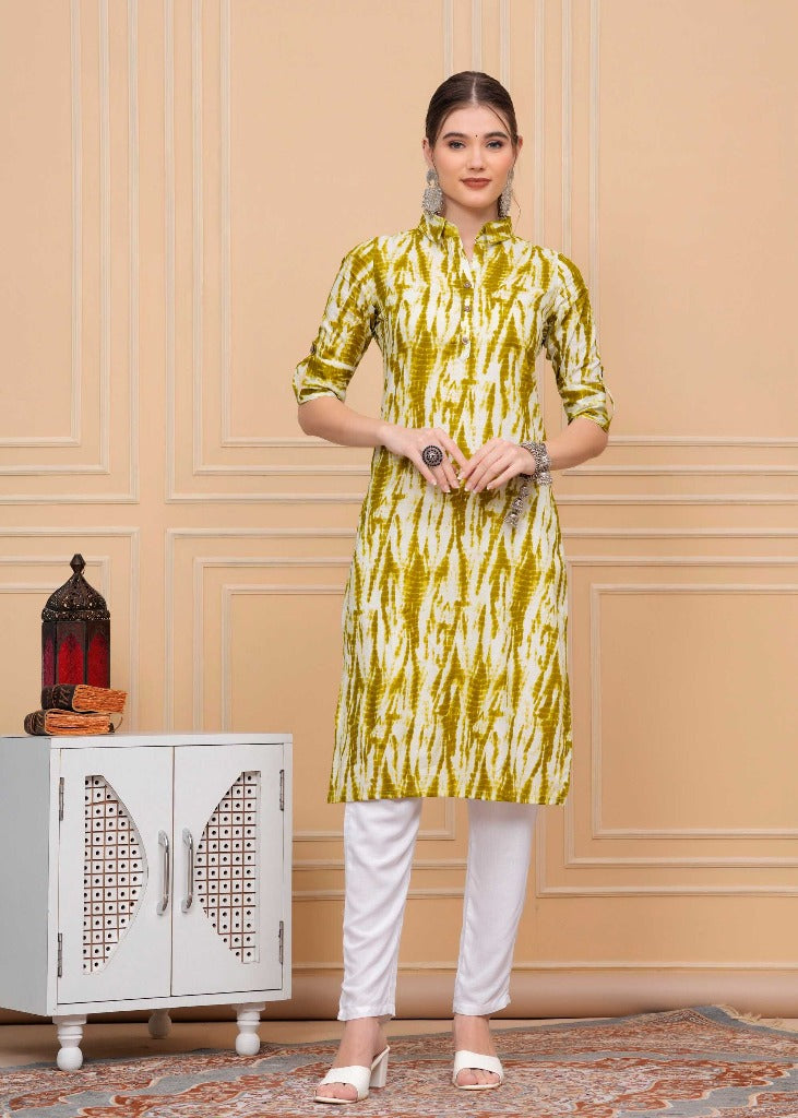 Pure Cotton Calf-Length Palomar Green Collar Kurti