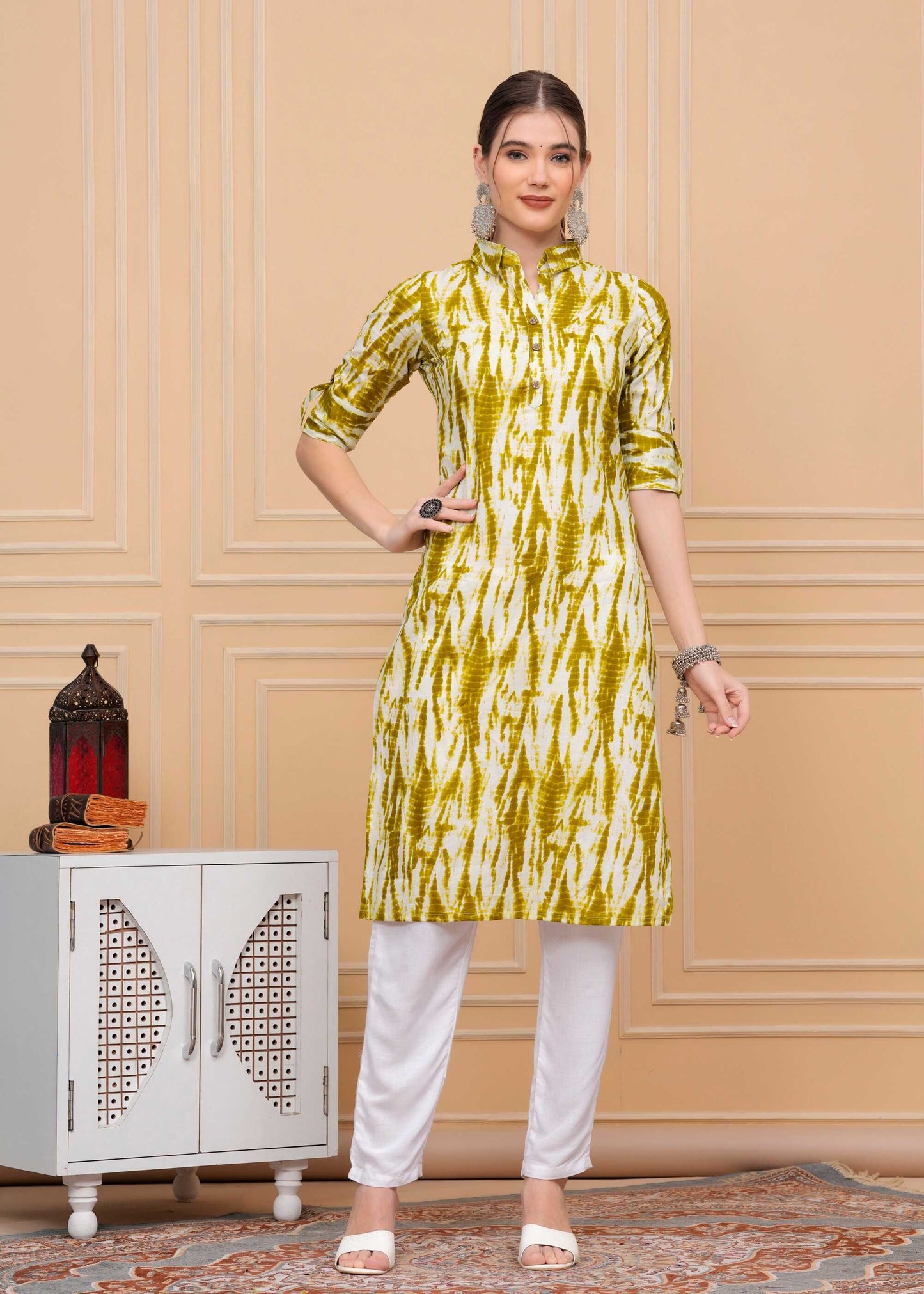 Pure Cotton Calf-Length Palomar Green Collar Kurti