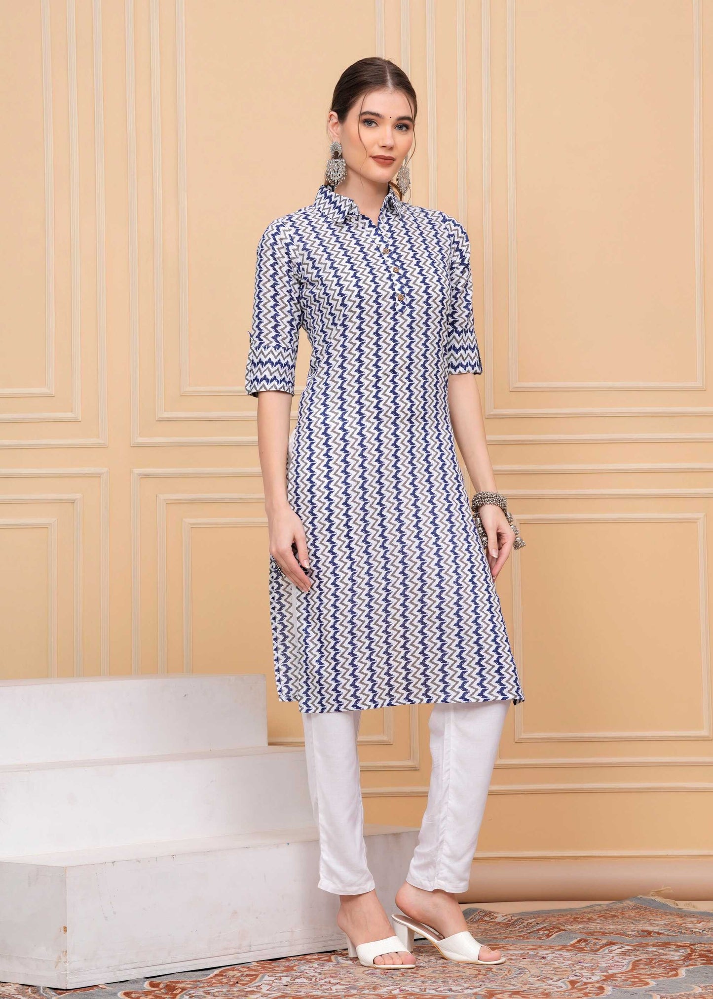 Pure Cotton Calf-Length Blue Printed Collar Kurti