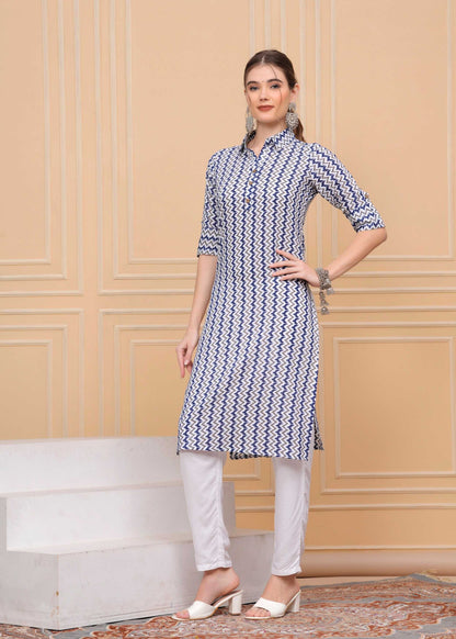 Pure Cotton Calf-Length Blue Printed Collar Kurti