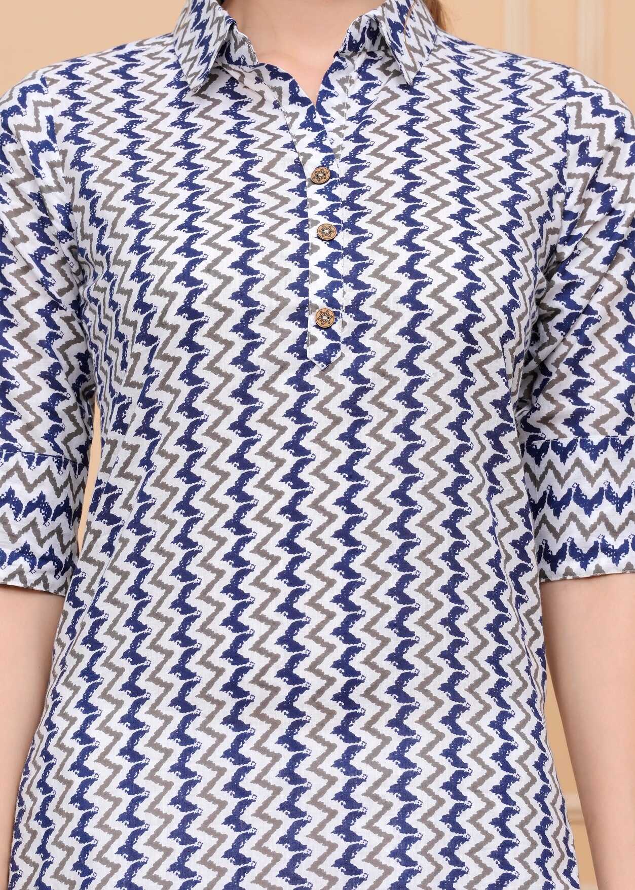 Pure Cotton Calf-Length Blue Printed Collar Kurti